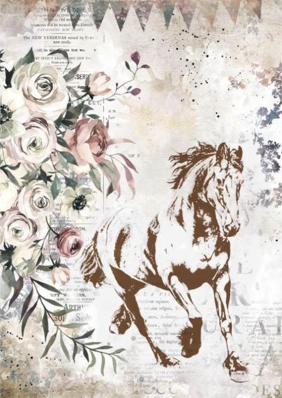 Rýžový papír na decoupage (A4) - BĚŽÍCÍ KŮŇ A KVĚTINY