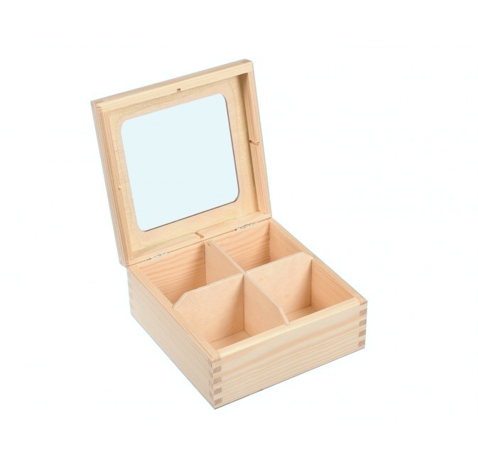 Dřevěná krabička na čaj SE SKLEM, 4 komory