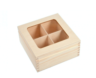 Dřevěná krabička na čaj SE SKLEM, 4 komory